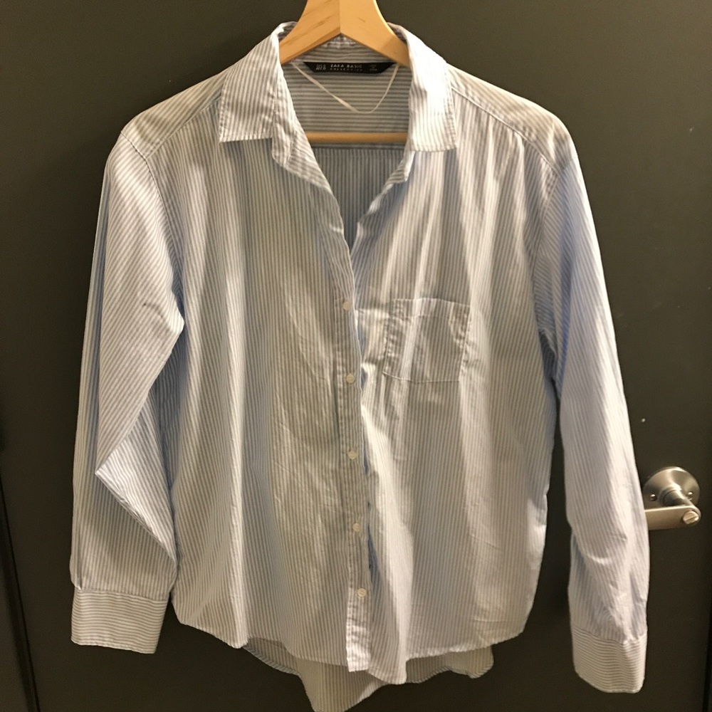 light blue/white striped button down shirt
